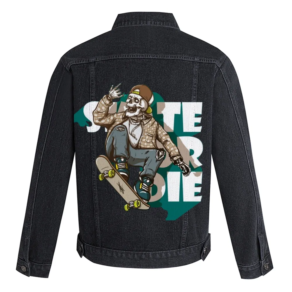Mens Vintage Skate Or Die Cartoon Prints Skeleton Denim Jacket