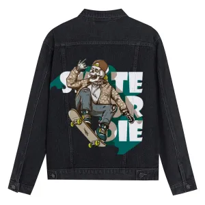 Mens Vintage Skate Or Die Cartoon Prints Skeleton Denim Jacket