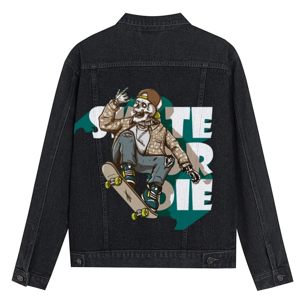 Mens Vintage Skate Or Die Cartoon Prints Skeleton Denim Jacket