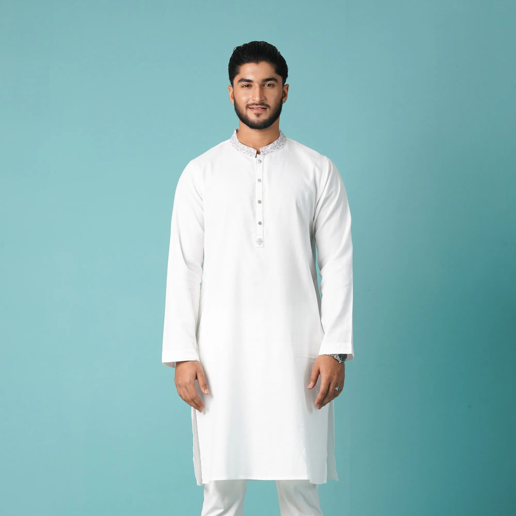Mens White Embroidered Panjabi