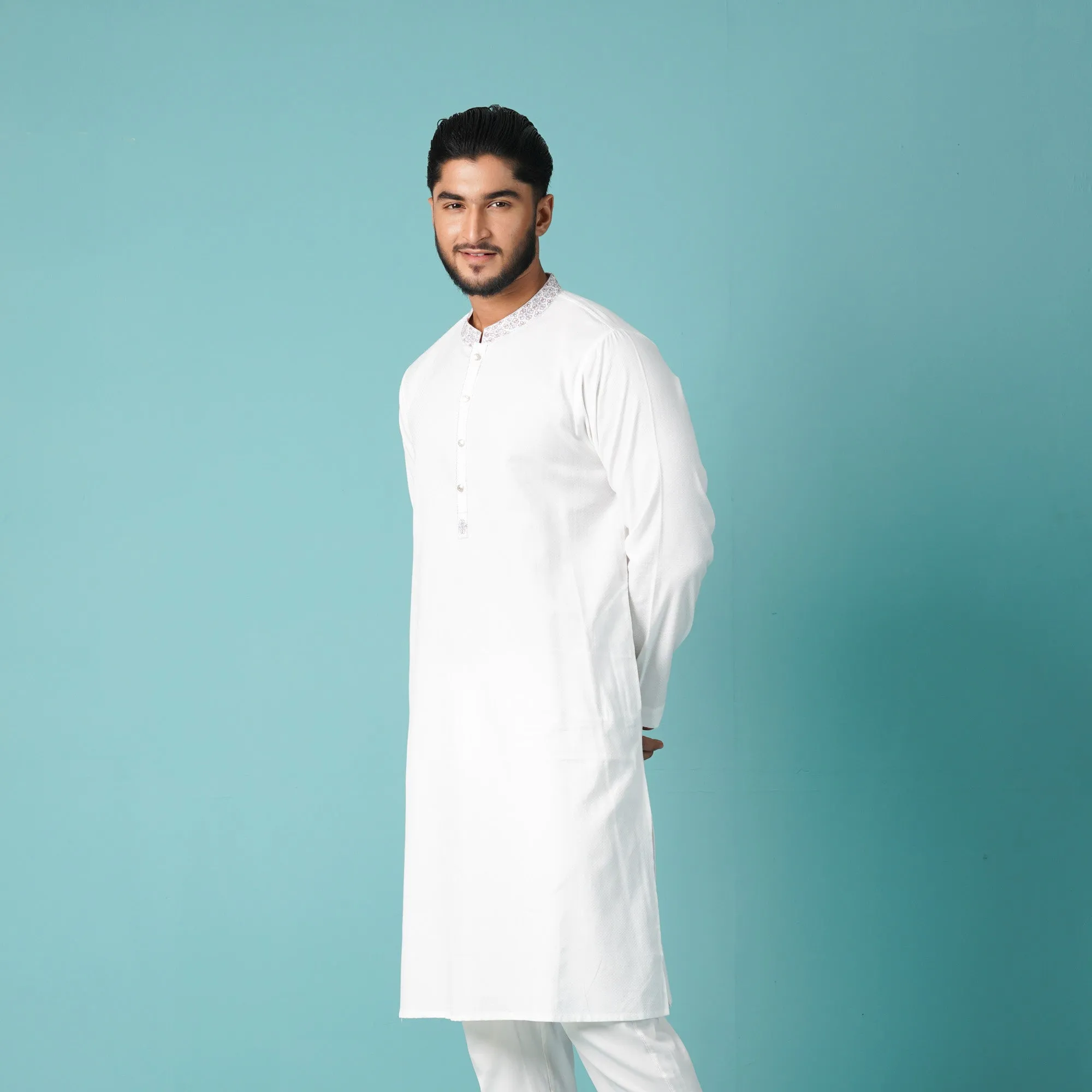 Mens White Embroidered Panjabi