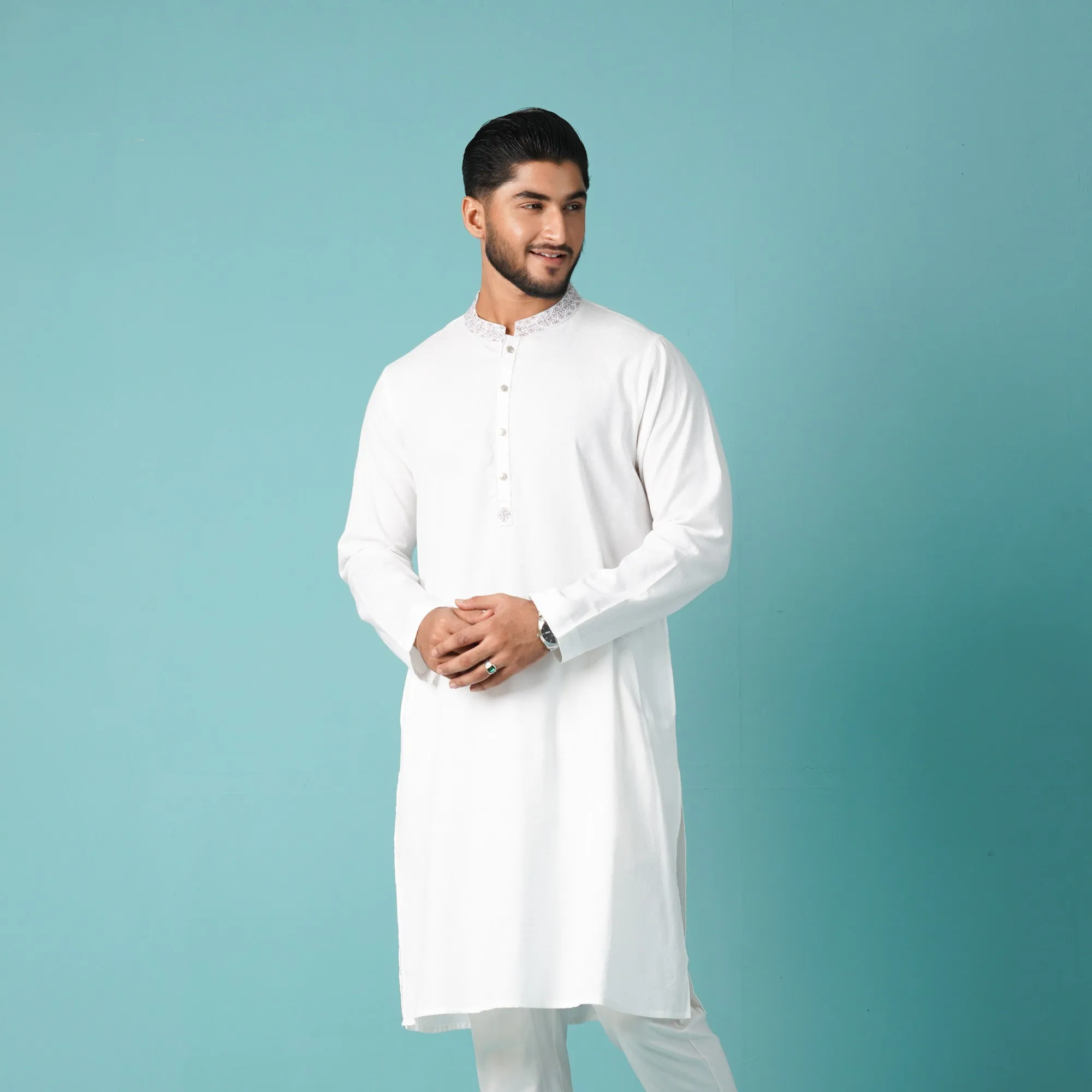 Mens White Embroidered Panjabi