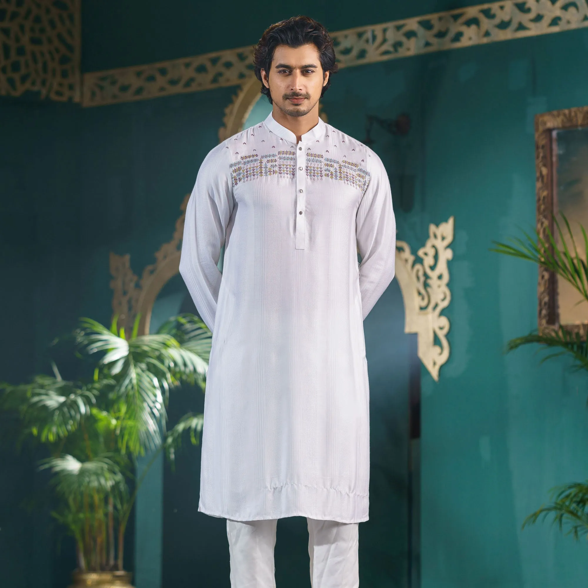 Mens White Striped Panjabi