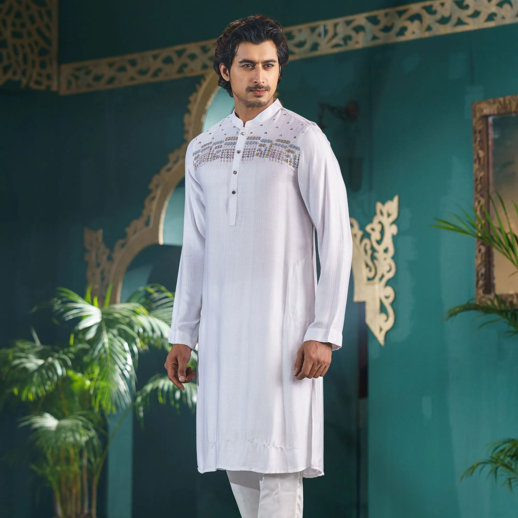 Mens White Striped Panjabi