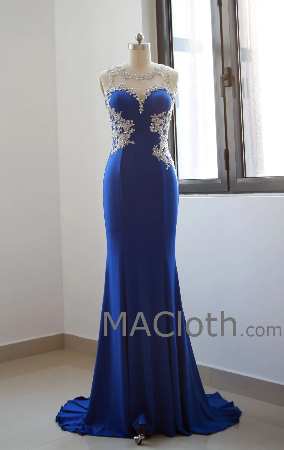 Mermaid Straps Lace Jersey Royal Blue Prom Dress, Evening Gown 160108