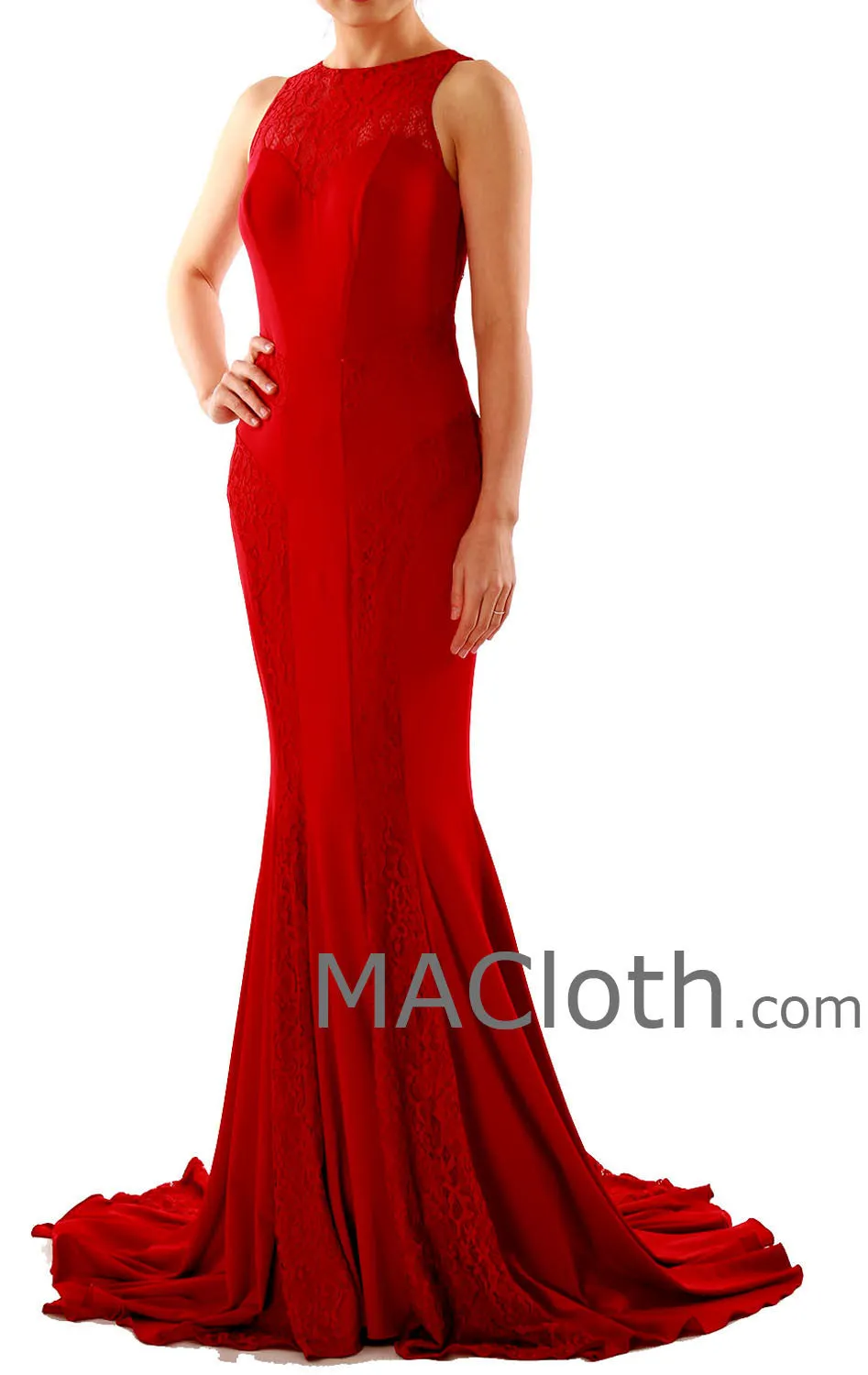 Mermaid Straps O Neck Lace Jersey Burgundy Evening Prom Dress with Court Train 160124