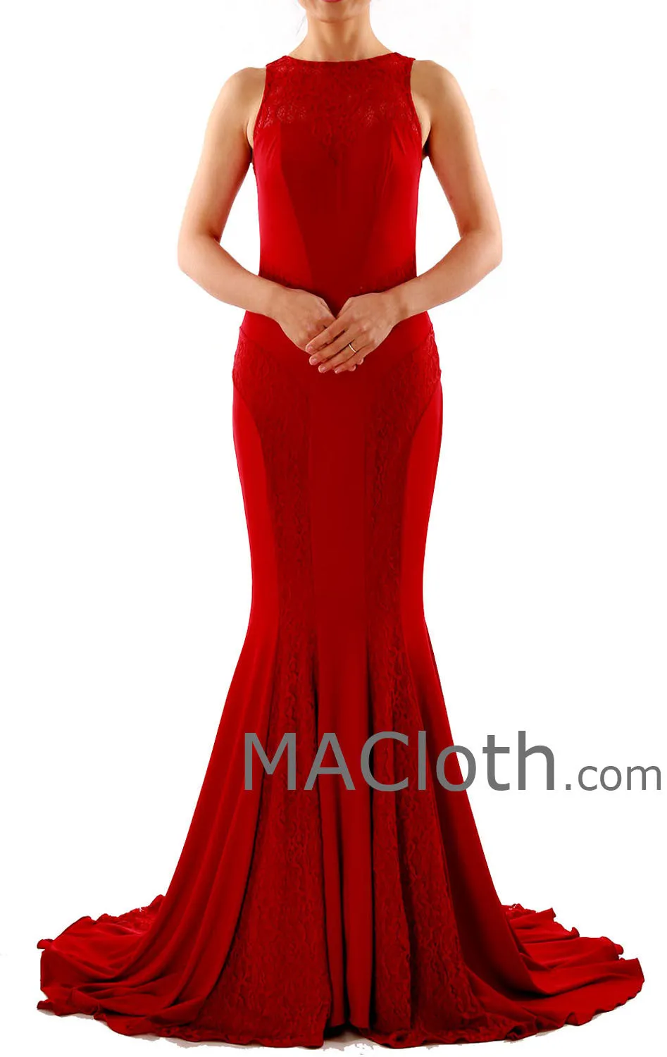 Mermaid Straps O Neck Lace Jersey Burgundy Evening Prom Dress with Court Train 160124