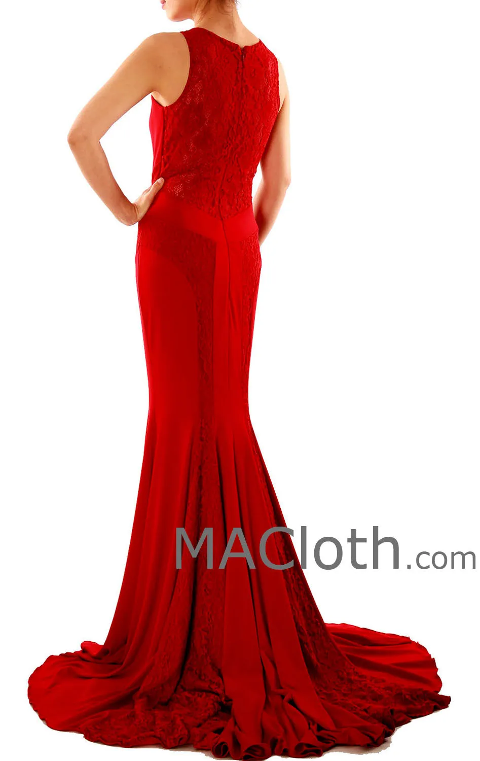 Mermaid Straps O Neck Lace Jersey Burgundy Evening Prom Dress with Court Train 160124