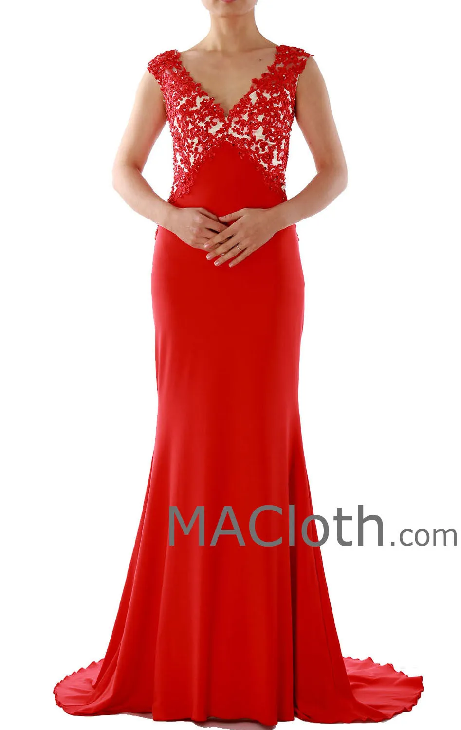 Mermaid Straps V Neck Lace Jersey Red Evening Gown 160134