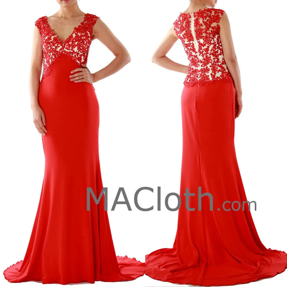 Mermaid Straps V Neck Lace Jersey Red Evening Gown 160134