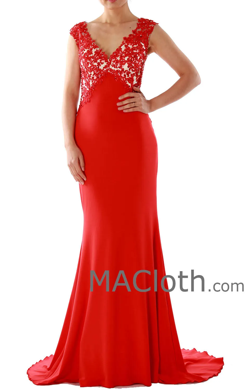 Mermaid Straps V Neck Lace Jersey Red Evening Gown 160134