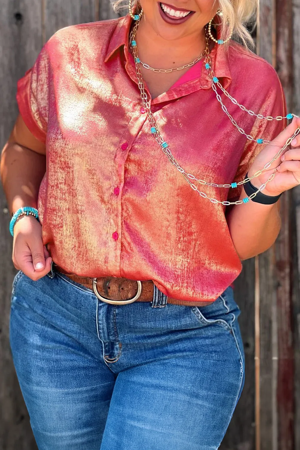 Metallic Sheen Short Sleeve Plus Size Shirt