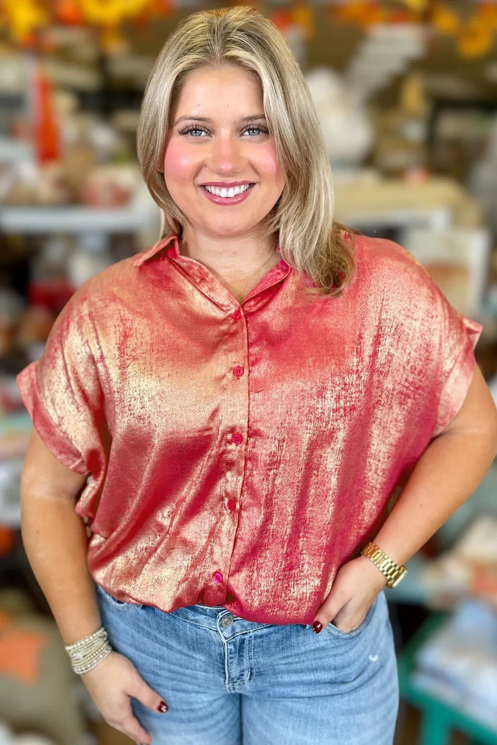 Metallic Sheen Short Sleeve Plus Size Shirt