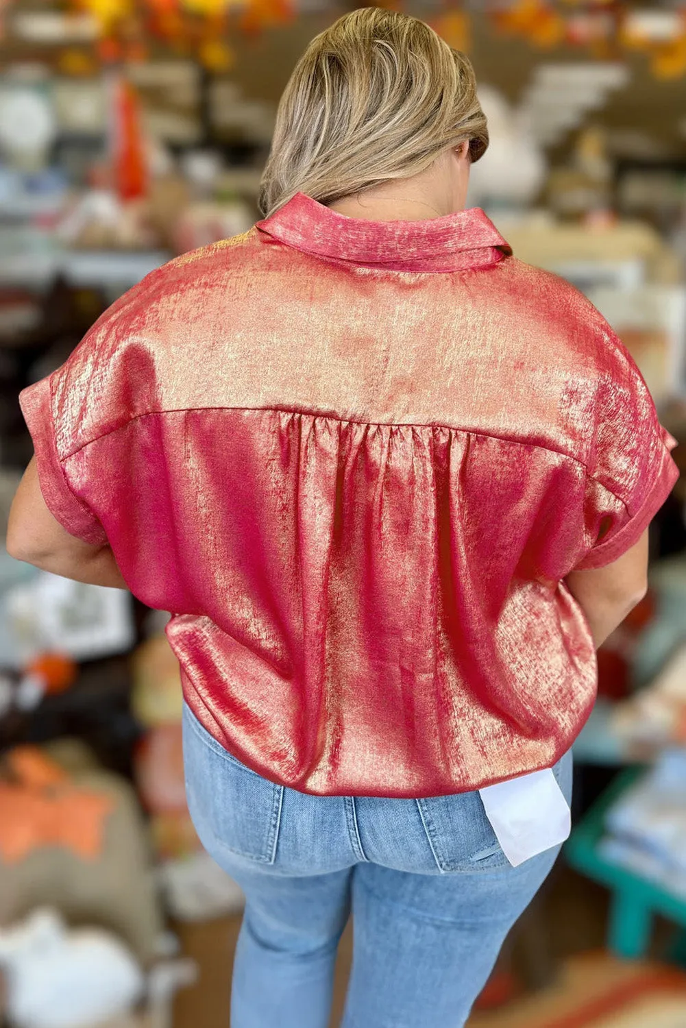 Metallic Sheen Short Sleeve Plus Size Shirt