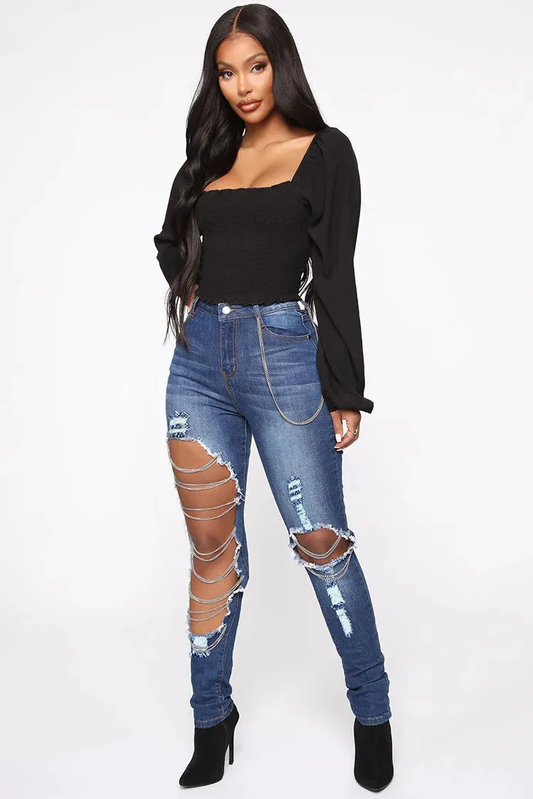 Mid-Waist Slim Fit Chain Hole Denim Jeans – High Street Stretch Pencil Pants