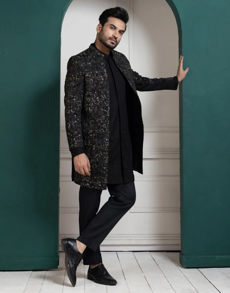 Midnight Black Embroidered Achkan and Kurta Set Regal Elegance Redefined