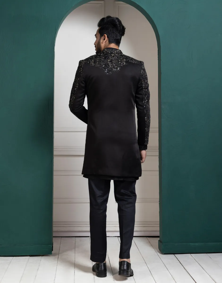 Midnight Black Embroidered Achkan and Kurta Set Regal Elegance Redefined