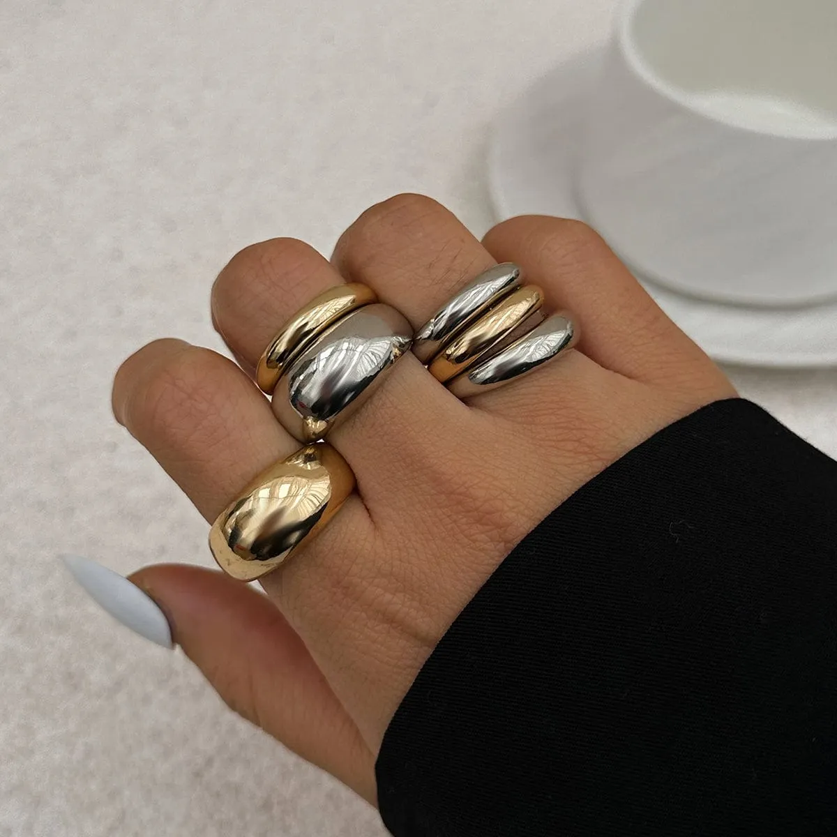 Minimalist 6pcs Gold Silver Tone Glossy Ring Set