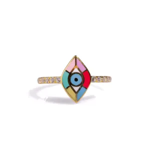 Minimalist Colorful Enamel Evil Eye Diamond Band Cocktail Ring