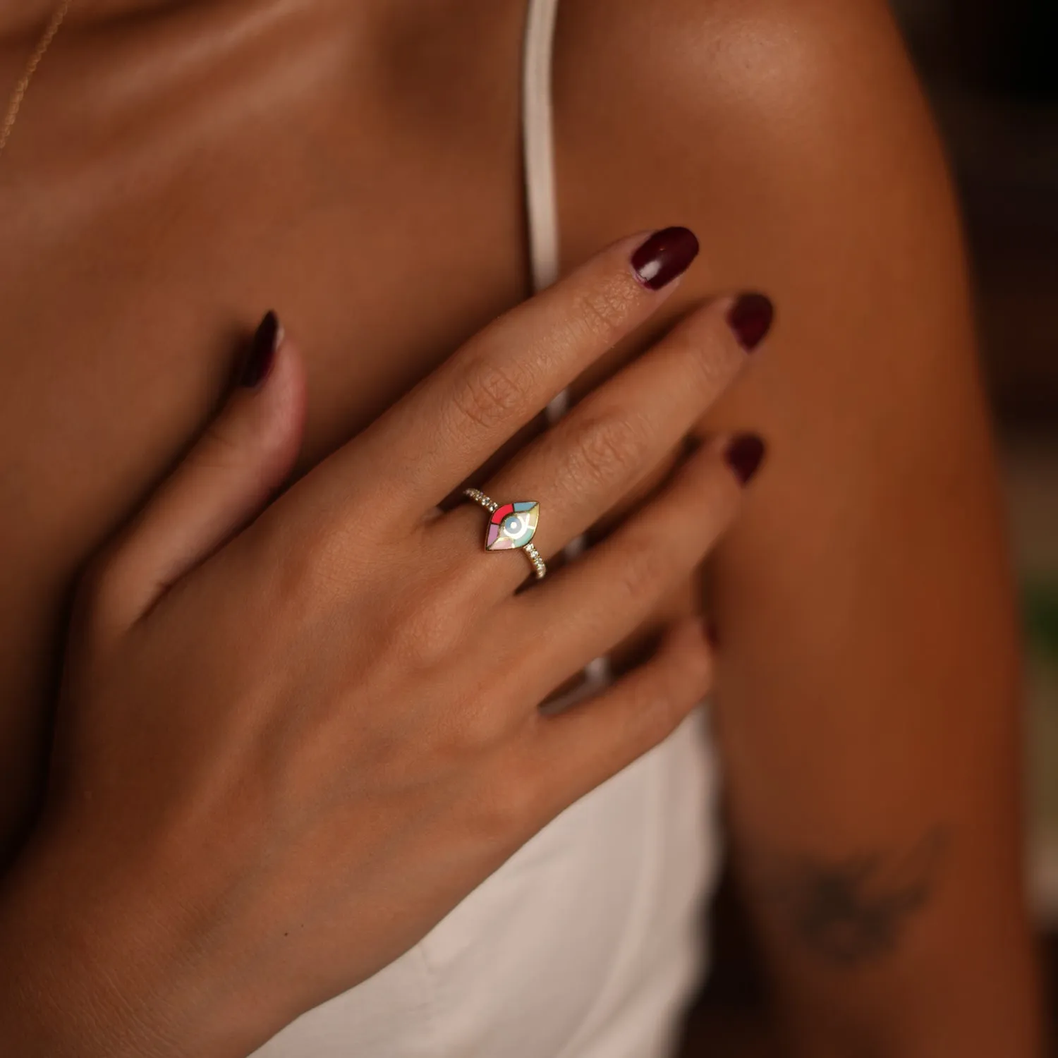Minimalist Colorful Enamel Evil Eye Diamond Band Cocktail Ring