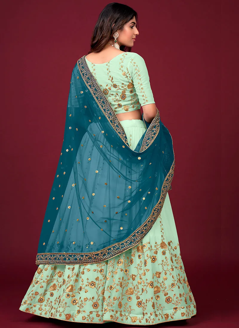 Mint Green And Blue Multi Embroidery Wedding Lehenga Choli