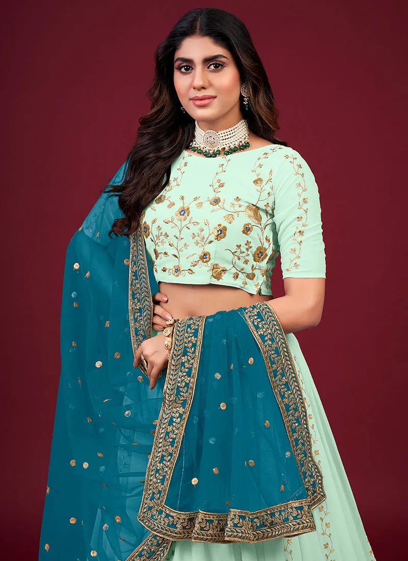 Mint Green And Blue Multi Embroidery Wedding Lehenga Choli