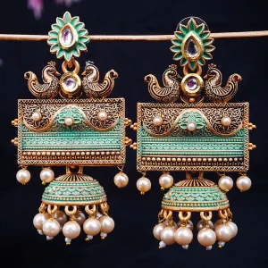 Mint Green Gold Peacock Jhumka Earring