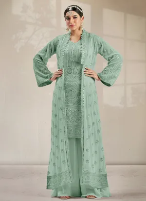 Mint Green Mirror Work Embroidery Jacket Style Palazzo Suit