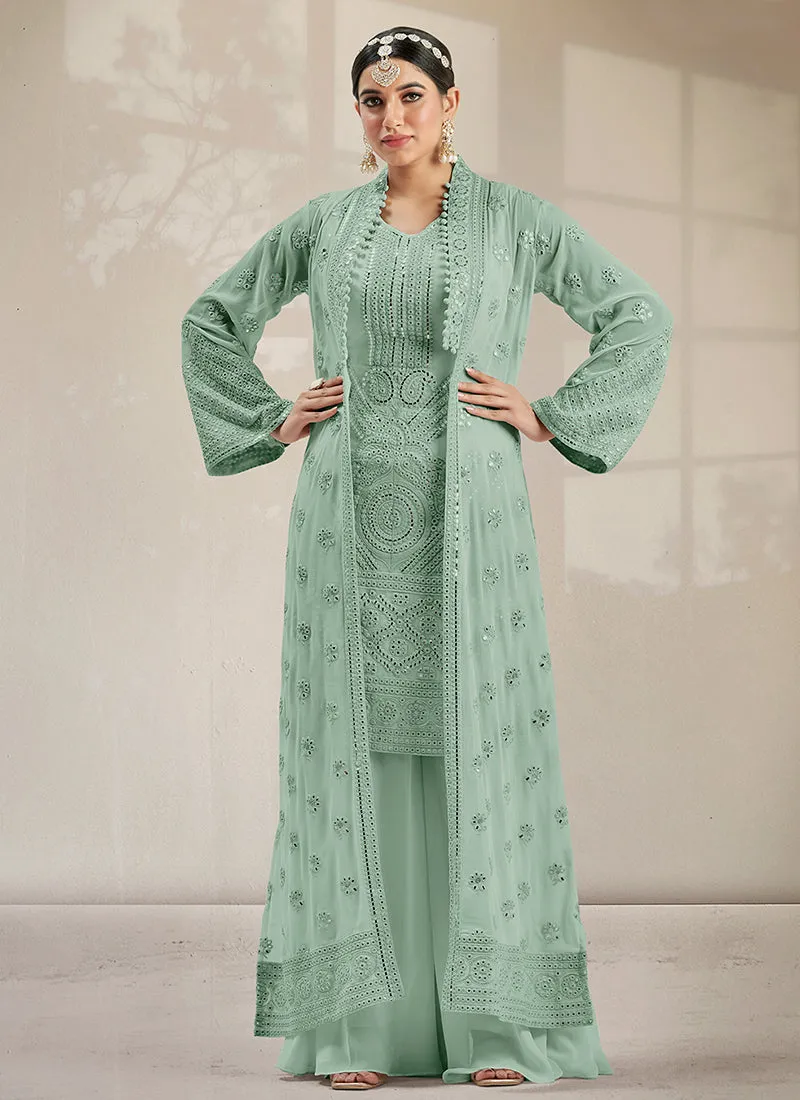 Mint Green Mirror Work Embroidery Jacket Style Palazzo Suit