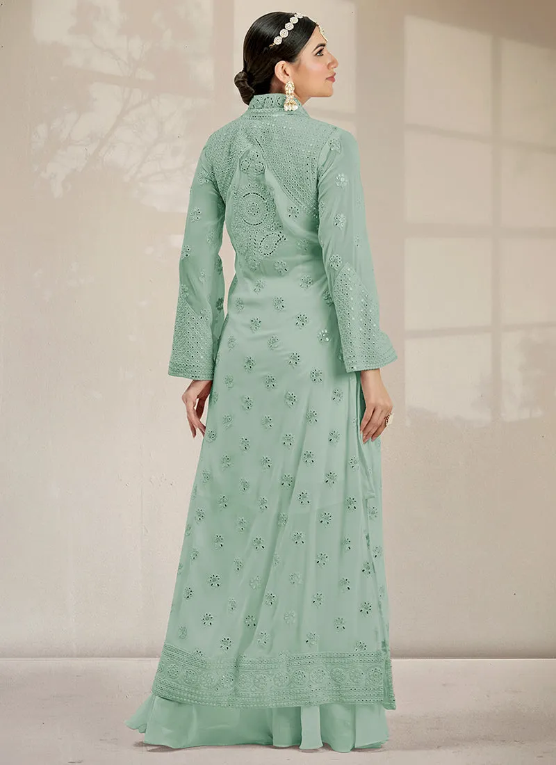 Mint Green Mirror Work Embroidery Jacket Style Palazzo Suit