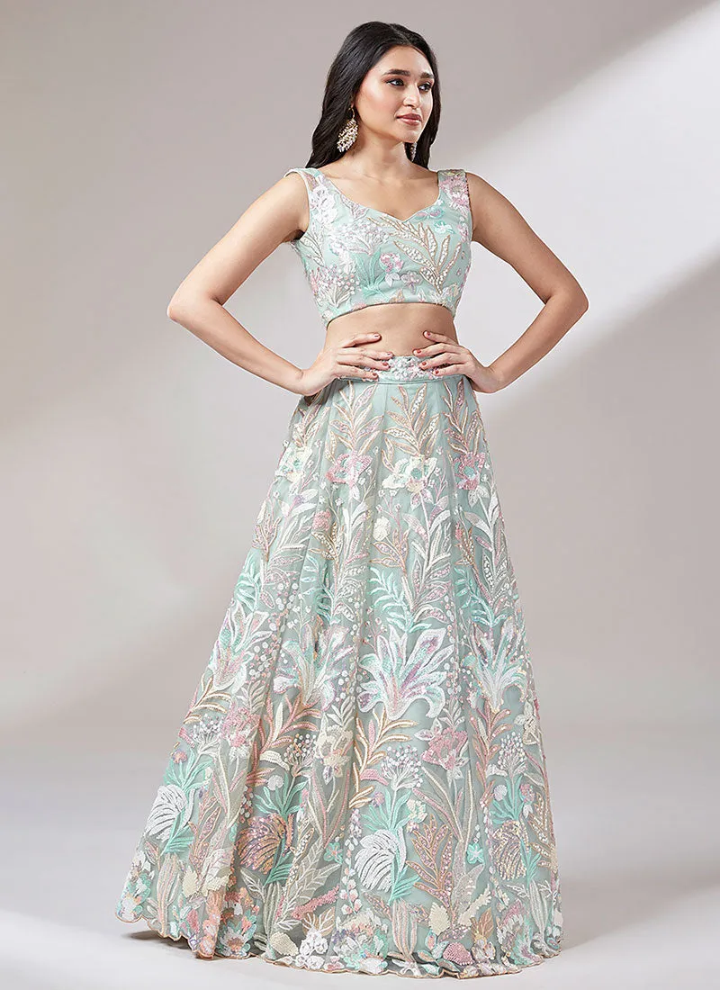 Mint Green Multi Embroidery Lehenga Choli And Dupatta