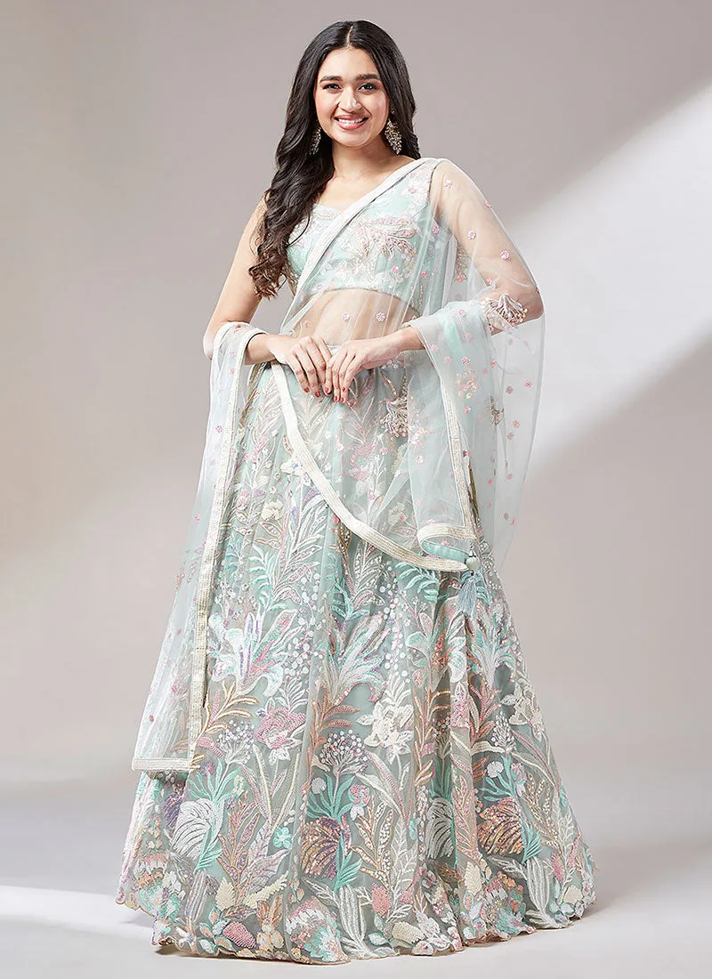 Mint Green Multi Embroidery Lehenga Choli And Dupatta