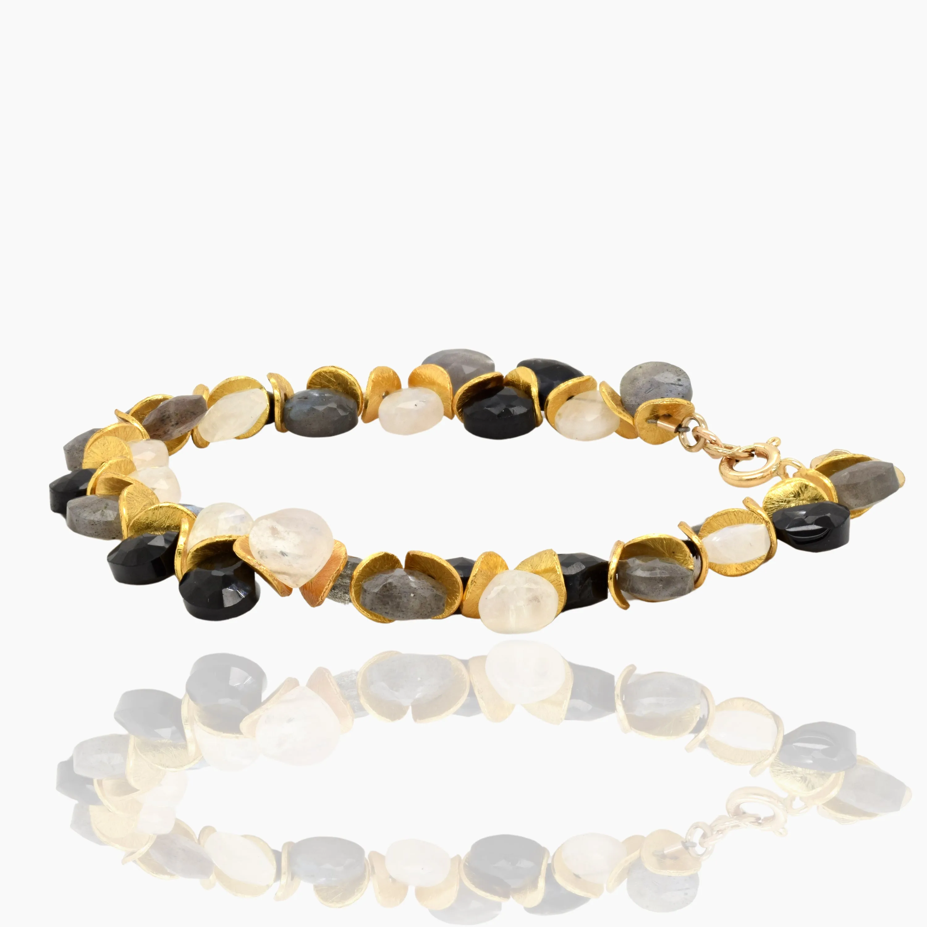Monochromatic Moonstone Spinel Labradorite Signature Gold Bracelet