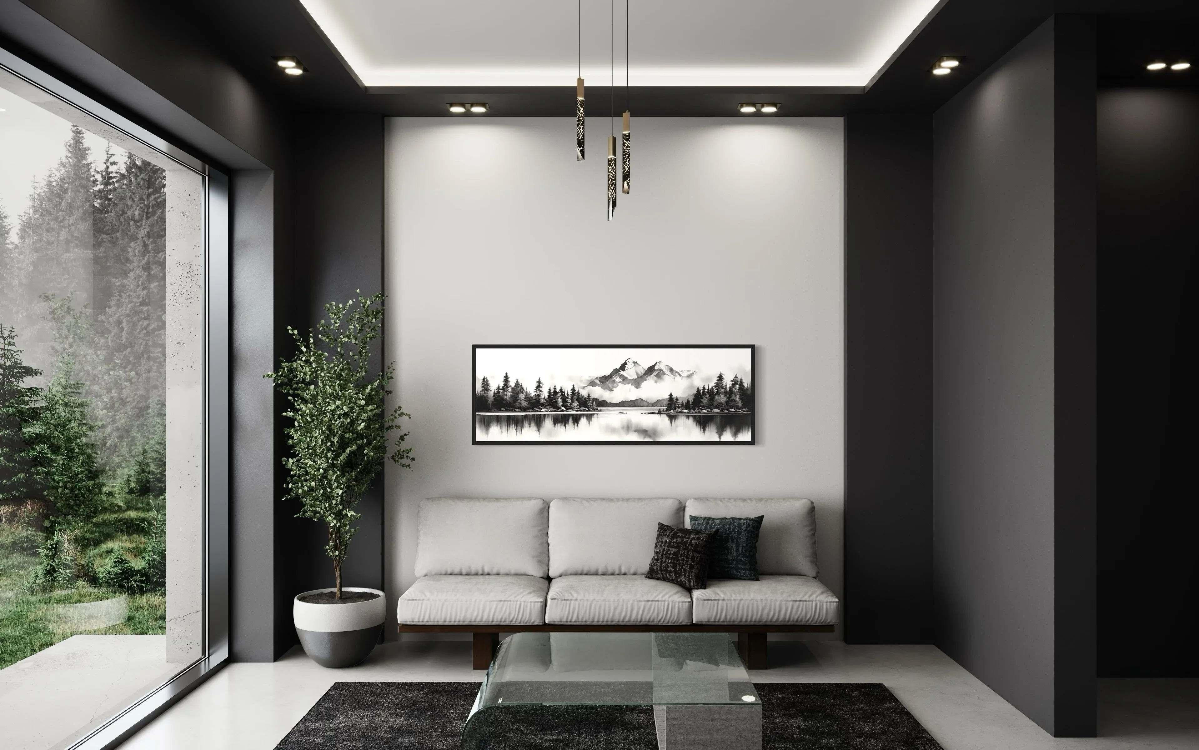 Mountain Lake Landscape Black And White Narrow Canvas Wall Art