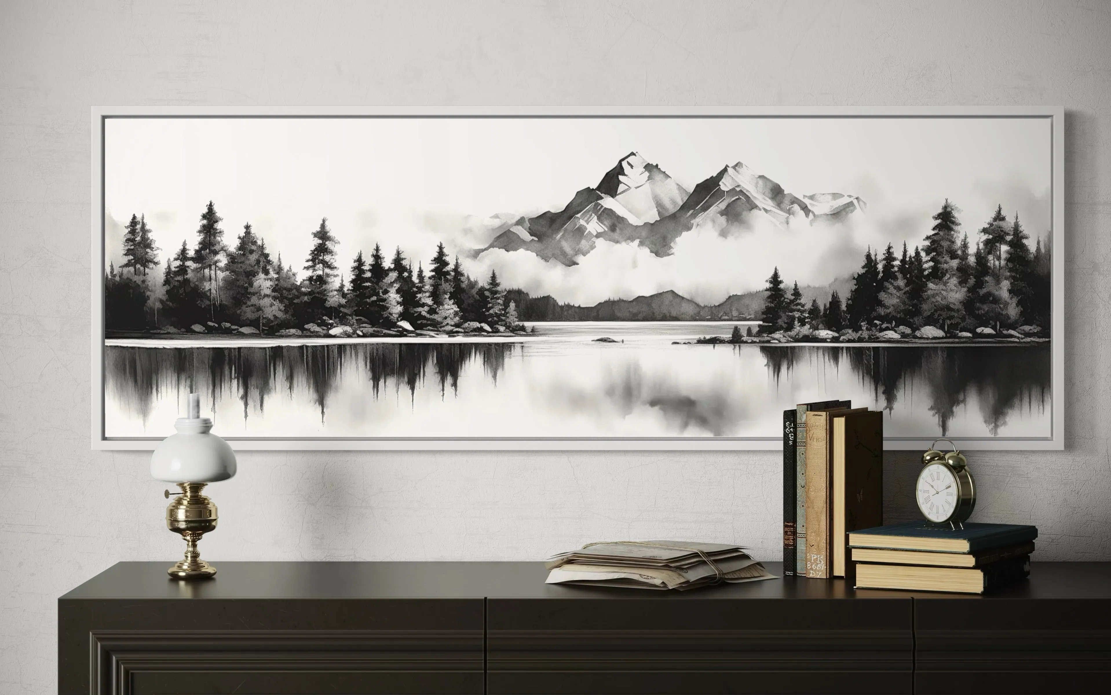 Mountain Lake Landscape Black And White Narrow Canvas Wall Art