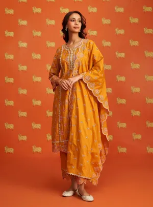 Mulmul Cotton Lamai Orange Kurta With Mulmul Cotton Lamai Orange Pant