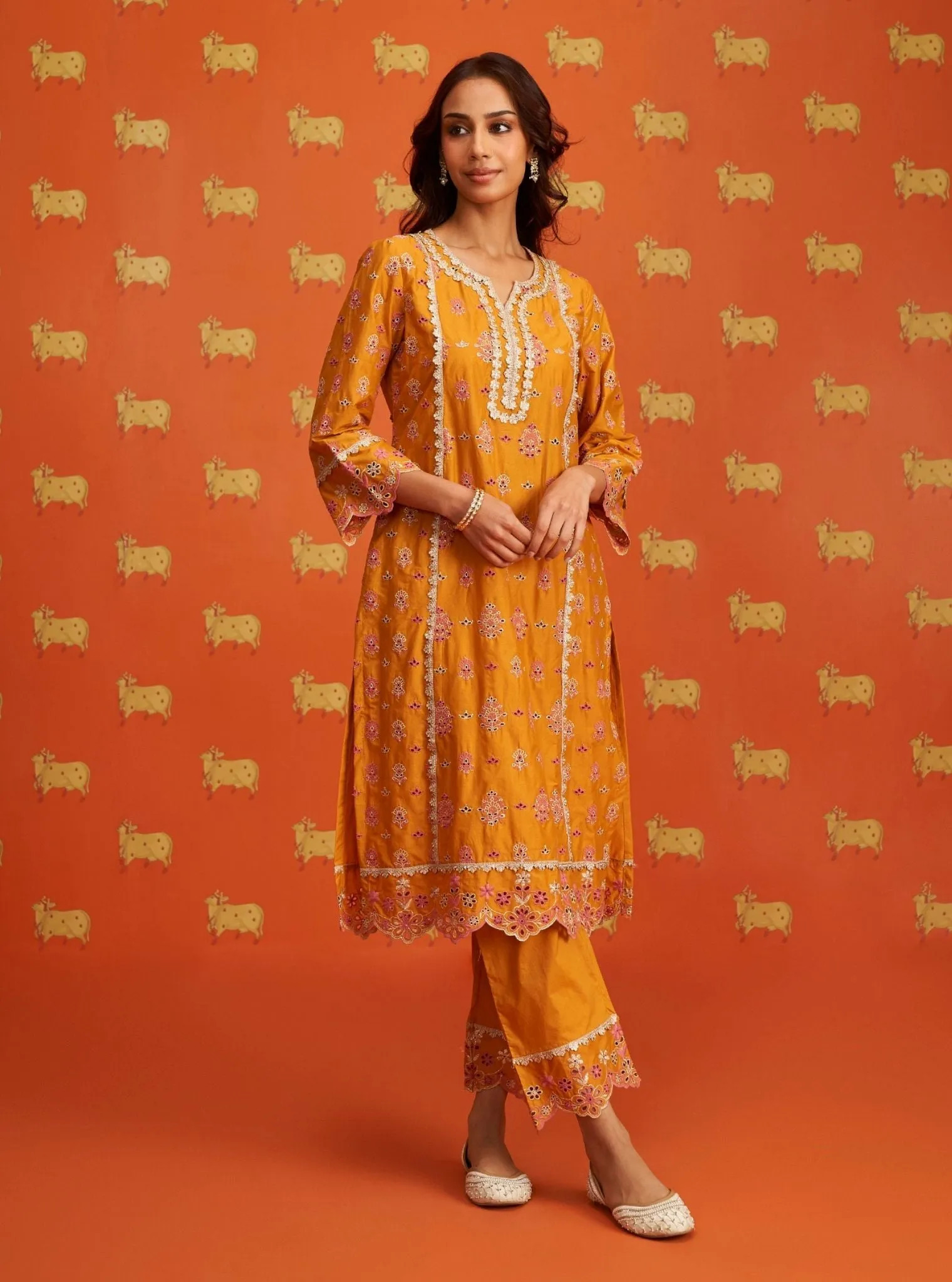 Mulmul Cotton Lamai Orange Kurta With Mulmul Cotton Lamai Orange Pant