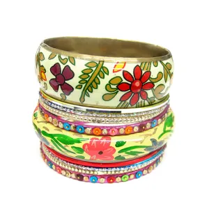 MULTI BOHEMIAN FLORAL BANGLE WITH GLITTERING COLORFUL METAL SET OF 10PCS BRACELET  #KB1236_MULTI (UA8)