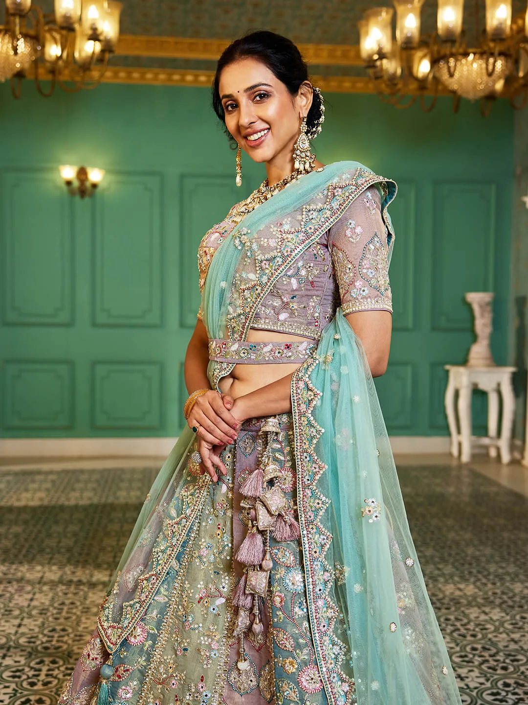 Multi colour Bridel net and Gotapatti & Moti embroidery Lehenga choli & Dupatta