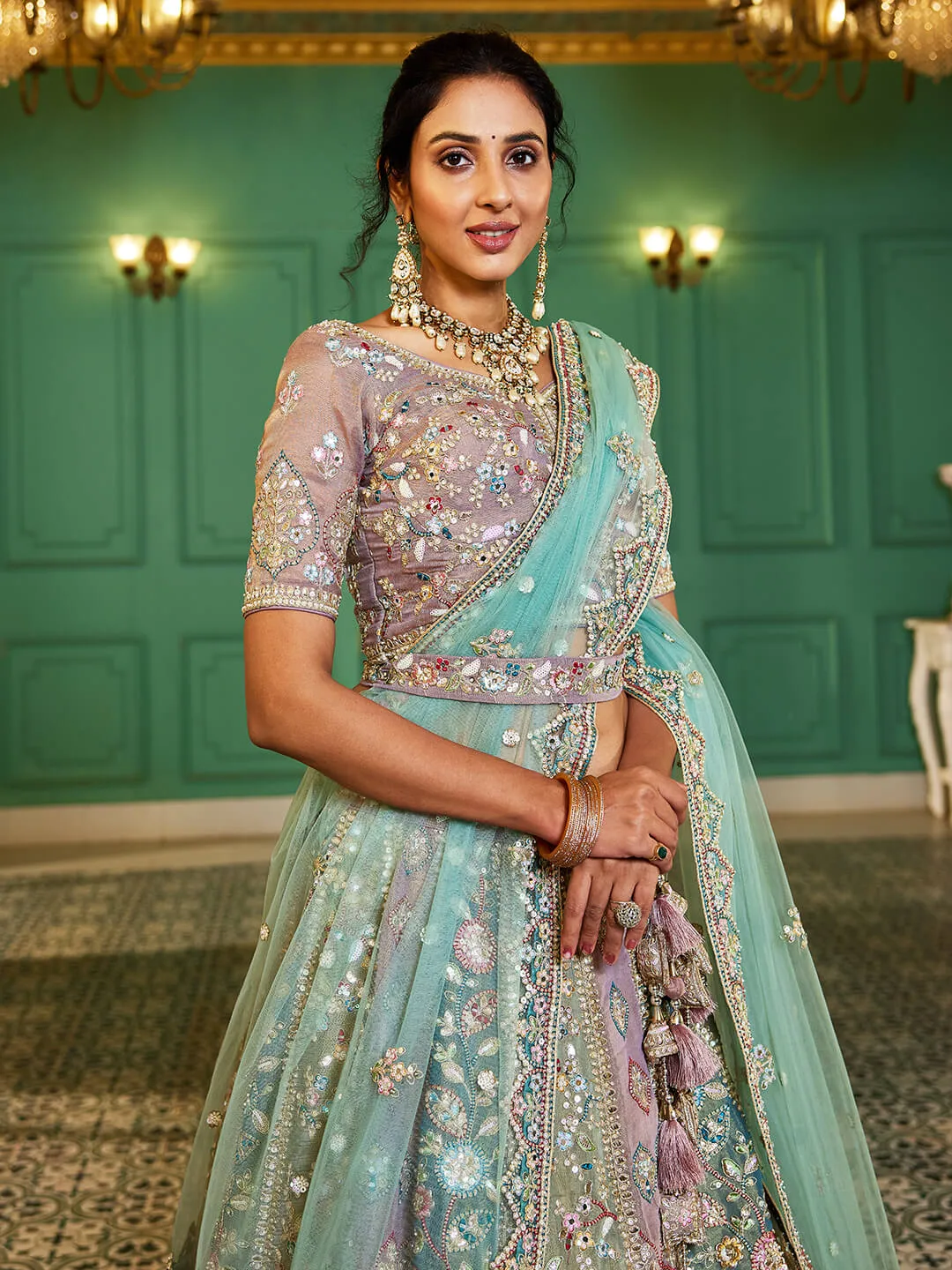 Multi colour Bridel net and Gotapatti & Moti embroidery Lehenga choli & Dupatta