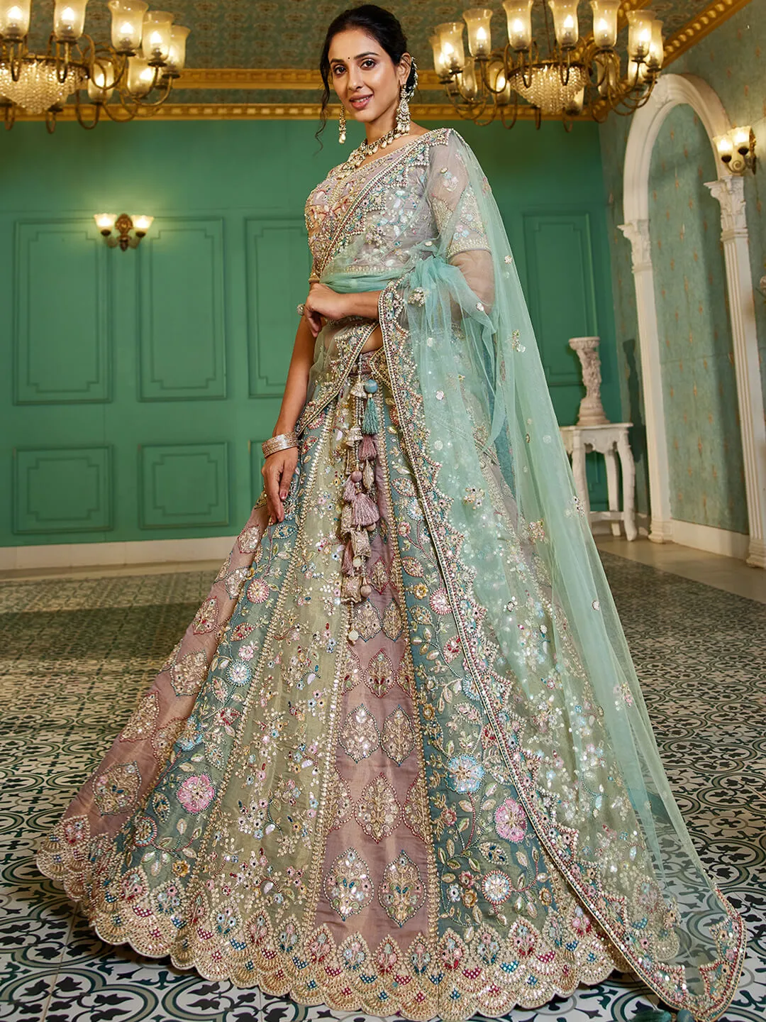 Multi colour Bridel net and Gotapatti & Moti embroidery Lehenga choli & Dupatta
