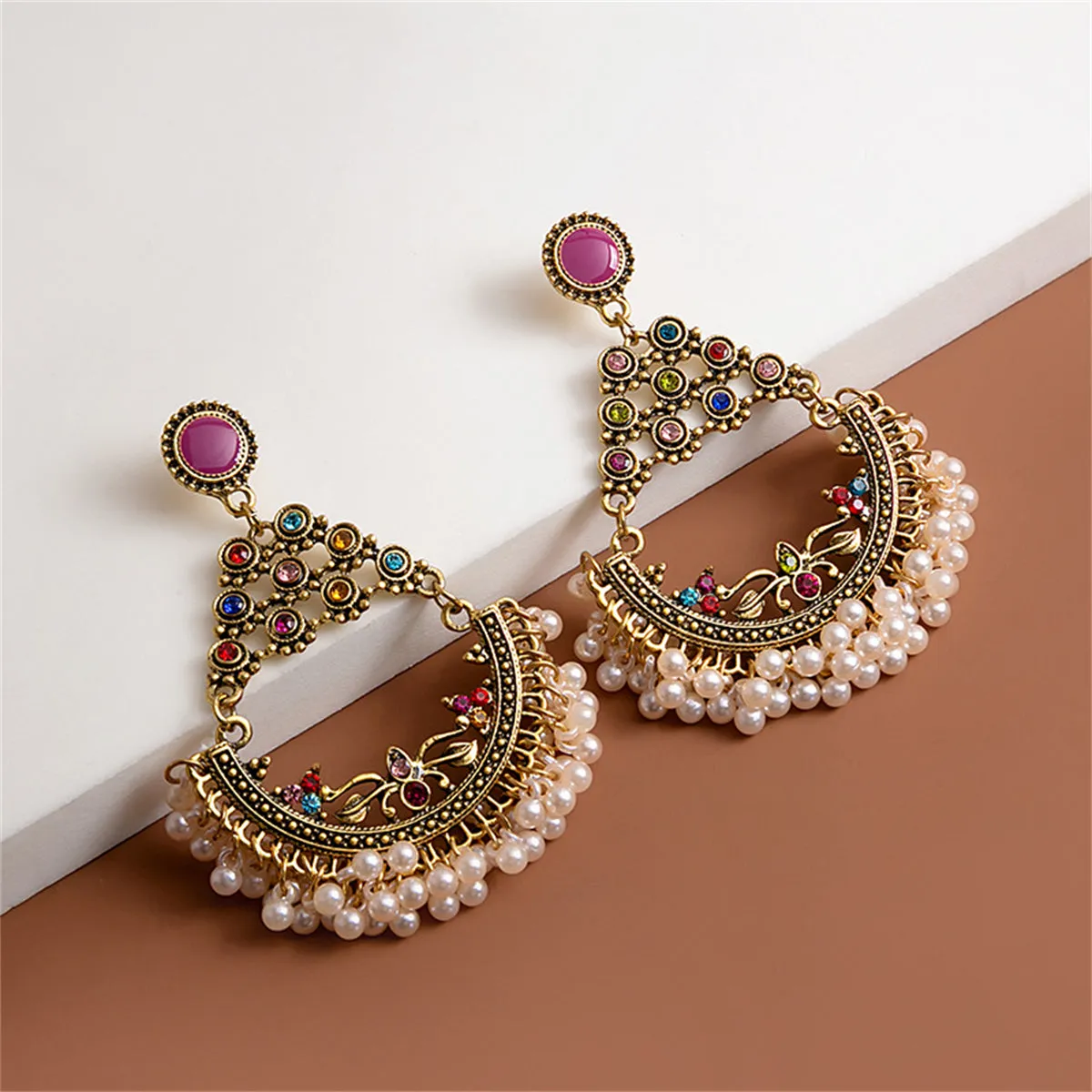 Multicolor Cubic Zirconia & Pearl 18K Gold-Plated Tassel Drop Earrings