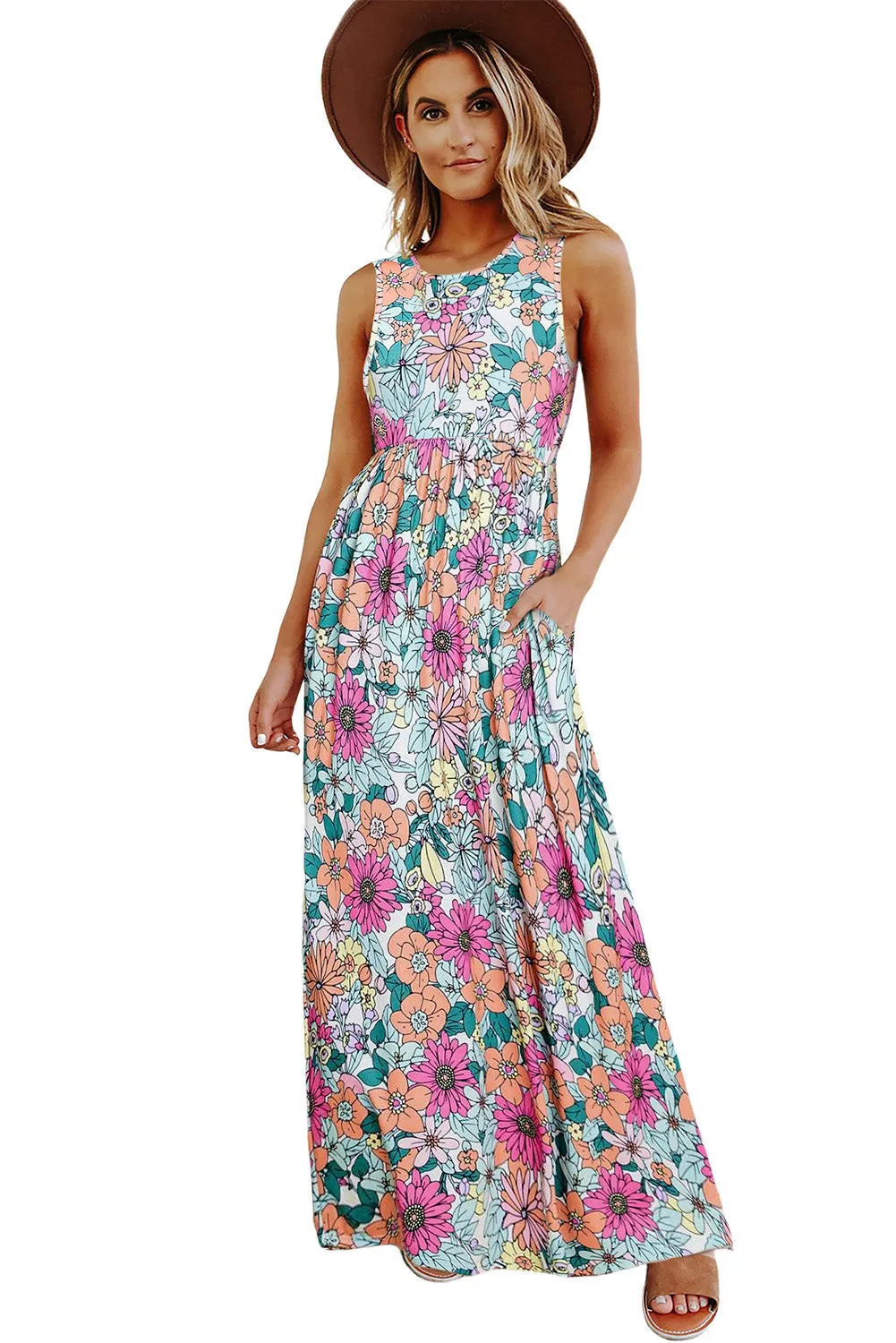 Multicolor Floral Print High Waist Sleeveless Maxi Dress