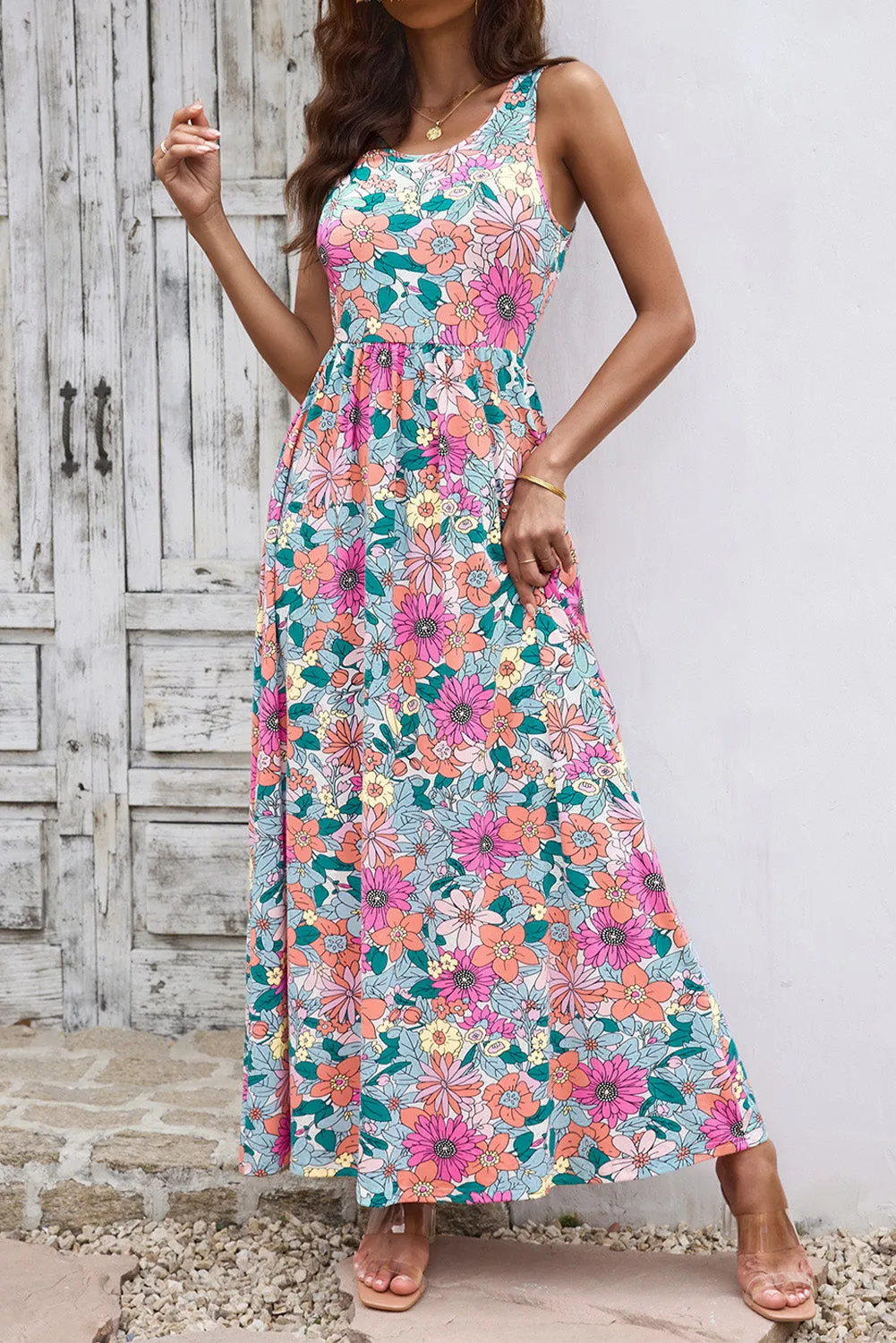 Multicolor Floral Print High Waist Sleeveless Maxi Dress