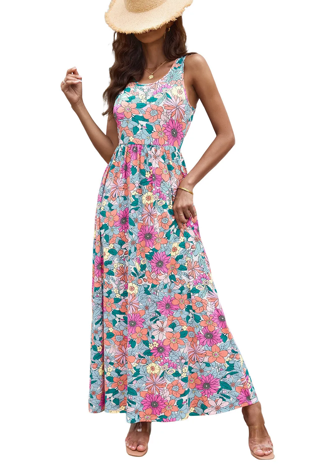 Multicolor Floral Print High Waist Sleeveless Maxi Dress