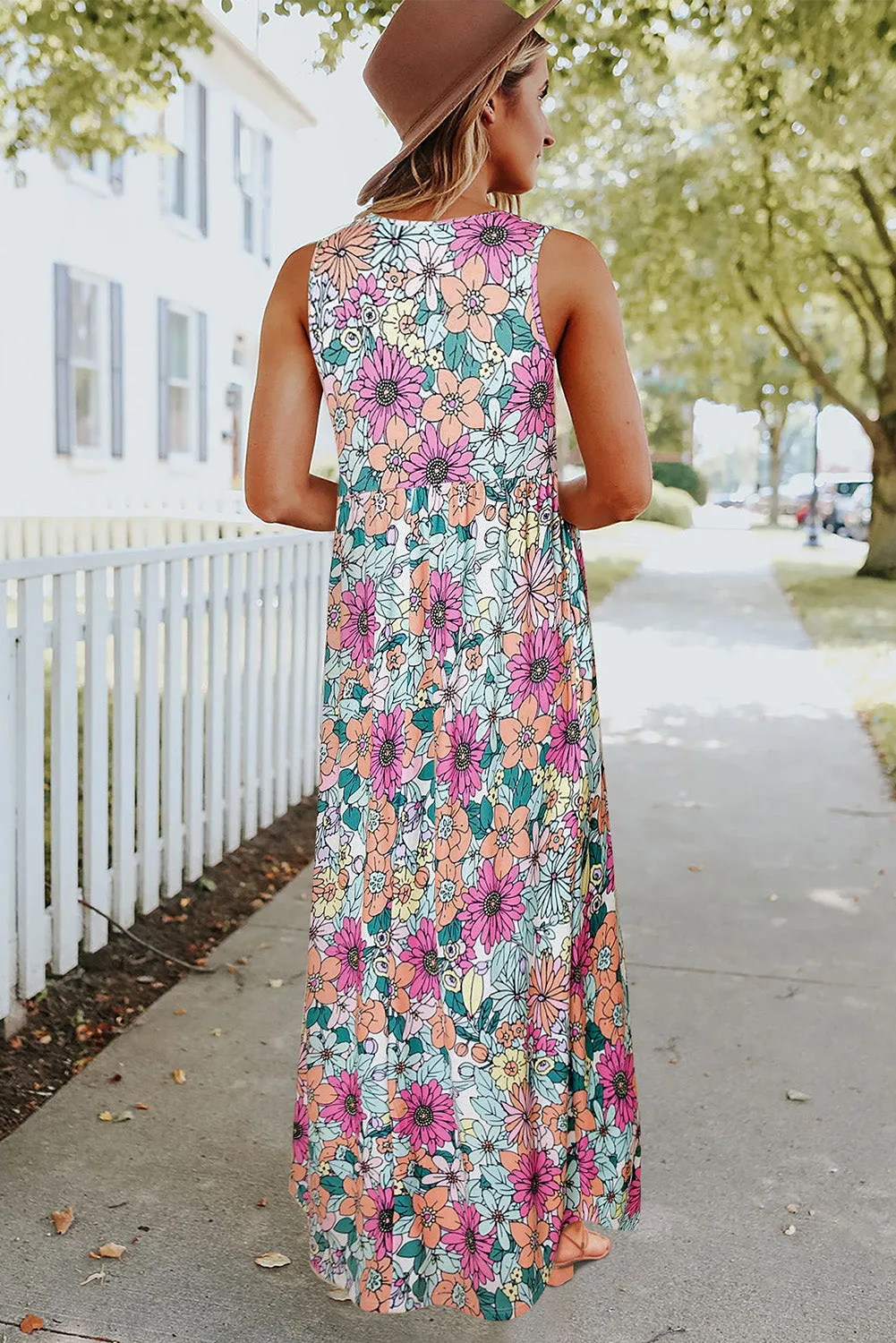 Multicolor Floral Print High Waist Sleeveless Maxi Dress