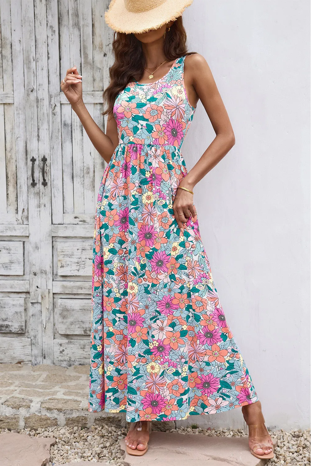 Multicolor Floral Print High Waist Sleeveless Maxi Dress