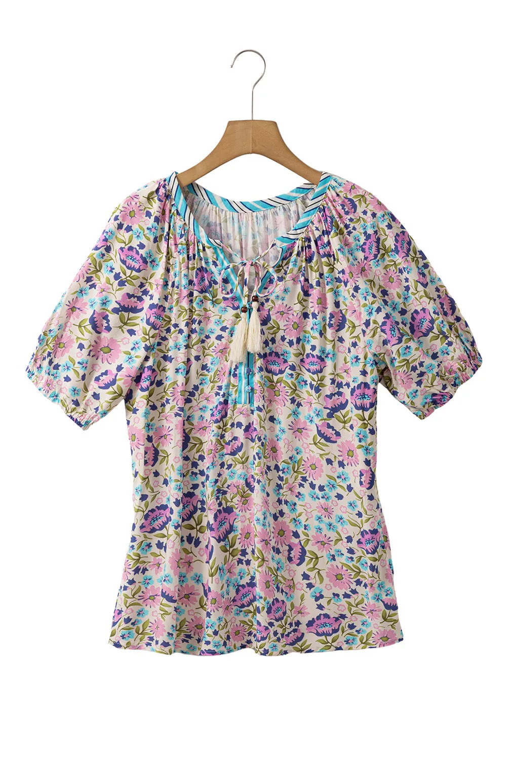 Multicolour Bohemian Floral V Neck Loose Half Sleeve Blouse