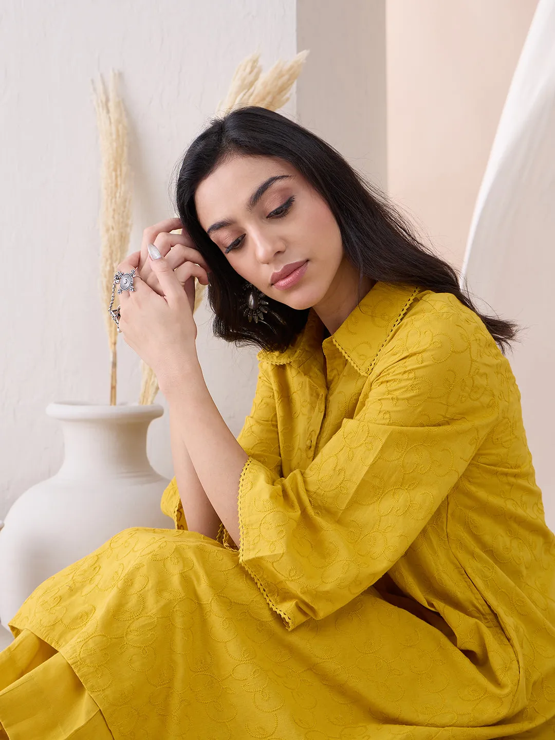 Mustard Cotton Embroidered Tassel Detail Tunic With Straight Pant