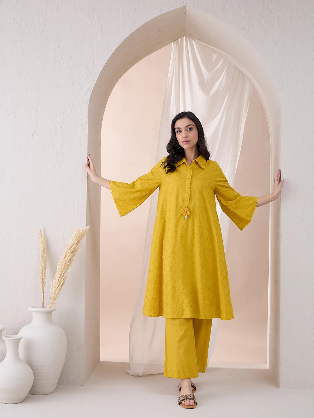 Mustard Cotton Embroidered Tassel Detail Tunic With Straight Pant